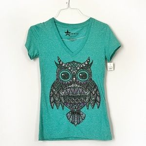 Hybrid Apparel T-Shirt V-Neck Owl. Turquoise. Size M.